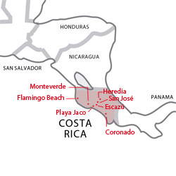 Map of destinations for Spanish courses in Costa Rica